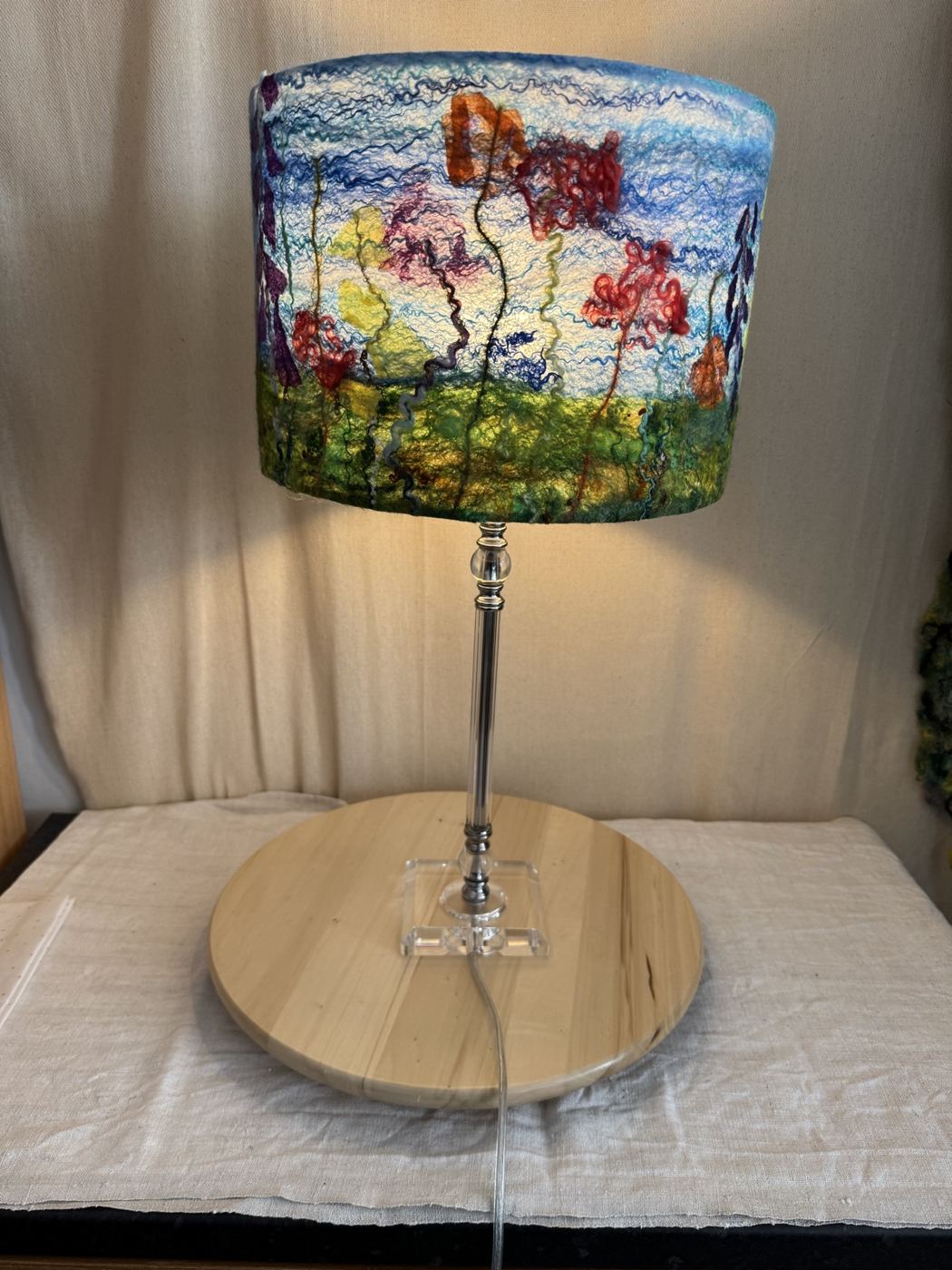 Felted lampshade with red poppies and green grasses