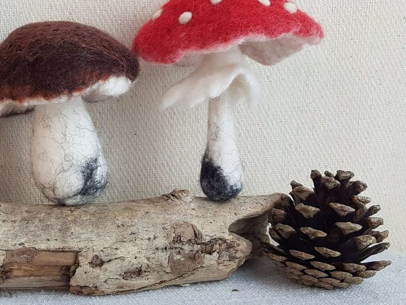 Felted brown cap mushroom and fly agaric on driftwood